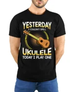Cool Ukulele Graphic Tee Funny Musician T-Shirt Gift Idea - model wearing black shirt, hands behind back
