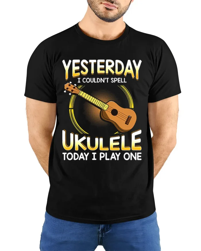 Cool Ukulele Graphic Tee Funny Musician T-Shirt Gift Idea - model wearing black shirt, hands behind back
