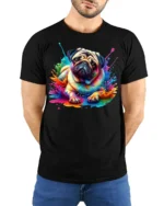 Color Splash Pug T-Shirt Cute Dog Graphic Tee for Pet Lovers - model wearing black shirt, hands behind back