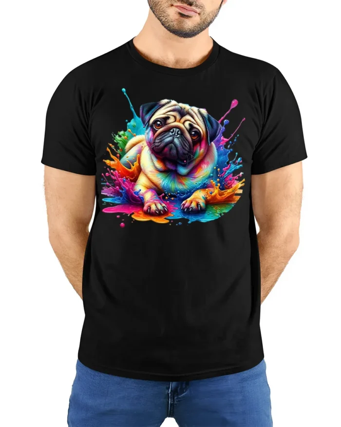 Color Splash Pug T-Shirt Cute Dog Graphic Tee for Pet Lovers - model wearing black shirt, hands behind back