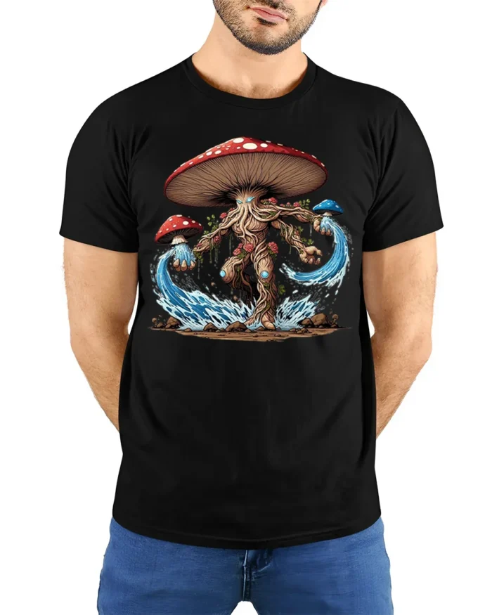 Mystic Mushroom Elemental T-Shirt Fantasy Nature Tee - model wearing black shirt, hands behind back