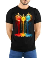 Melting Clocks T-Shirt Colorful Surreal Art Tee - model wearing black shirt, hands behind back