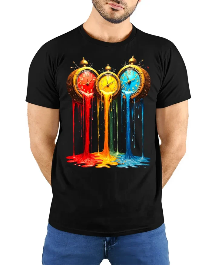 Melting Clocks T-Shirt Colorful Surreal Art Tee - model wearing black shirt, hands behind back