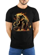Fiery Mammoth T-Shirt Tribal Flame Elephant Graphic Tee - model wearing black shirt, hands behind back