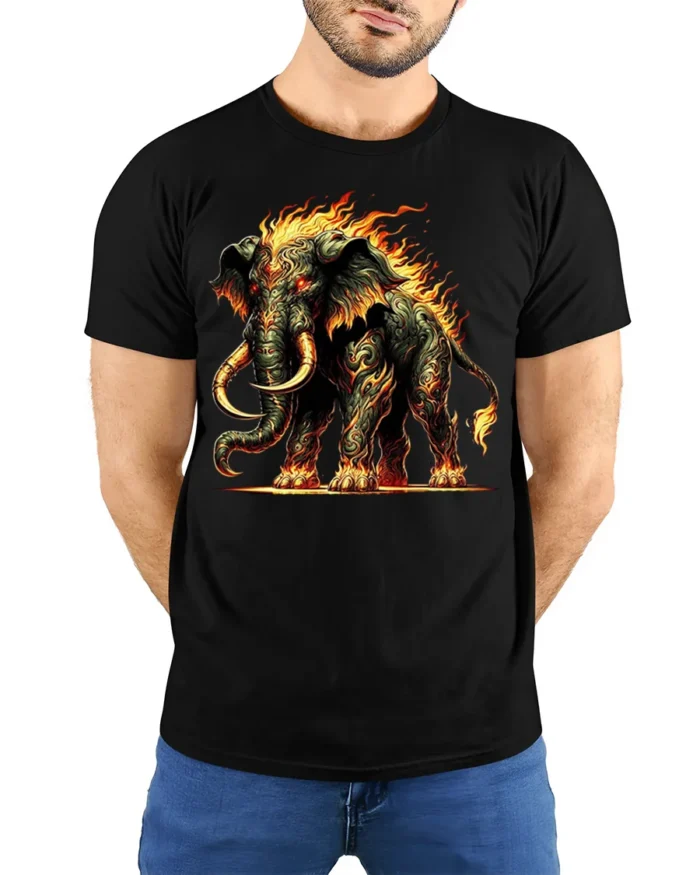 Fiery Mammoth T-Shirt Tribal Flame Elephant Graphic Tee - model wearing black shirt, hands behind back