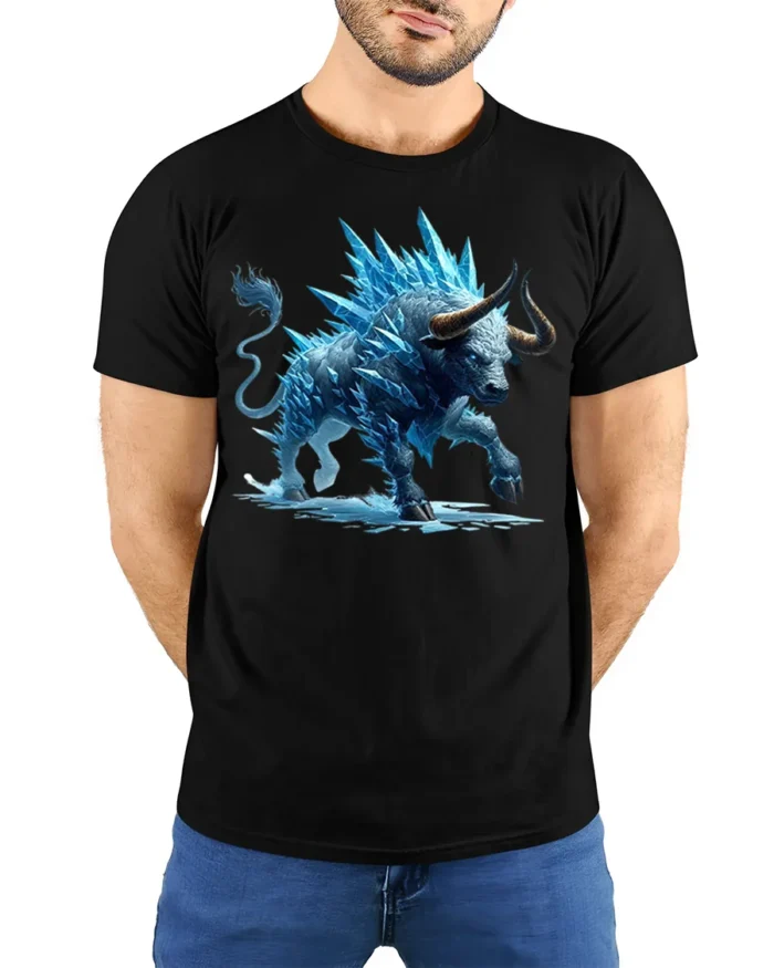 Ice Bull T-Shirt Frost Beast Graphic Tee for Bold Style - model wearing black shirt, hands behind back