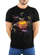 Neon Honeycomb Bee T-Shirt Vibrant Dripping Hive Tee - model wearing black shirt, hands behind back
