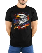 Patriotic Eagle T-Shirt with USA Flag Splash Graphic - model wearing black shirt, hands behind back