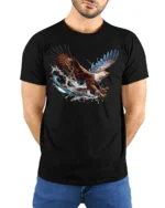 Flying Bald Eagle T-Shirt Majestic Water Splash Graphic - model wearing black shirt, hands behind back