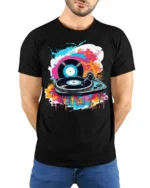 Vinyl Record Turntable T-Shirt Color Splash DJ Design - model wearing black shirt, hands behind back