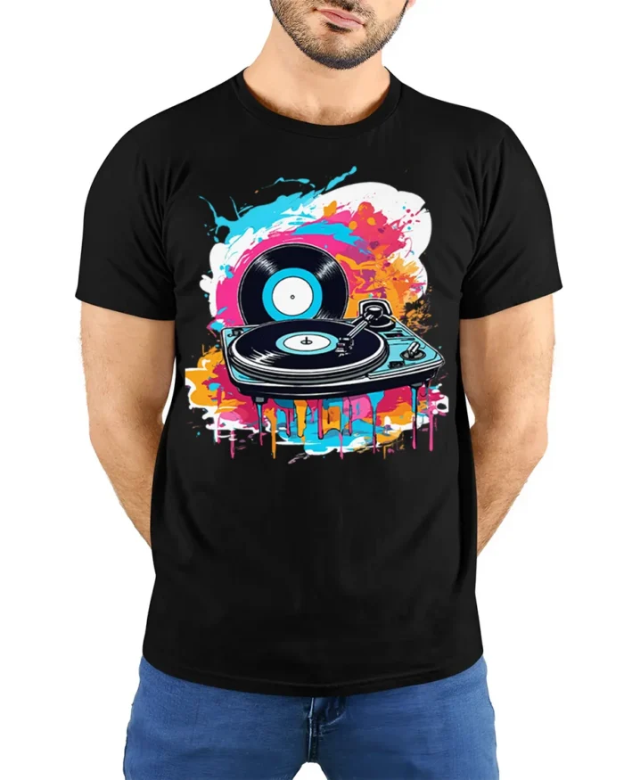 Vinyl Record Turntable T-Shirt Color Splash DJ Design - model wearing black shirt, hands behind back