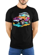 Colorful Off-Road Jeep T-Shirt Adventure Graphic Tee - model wearing black shirt, hands behind back