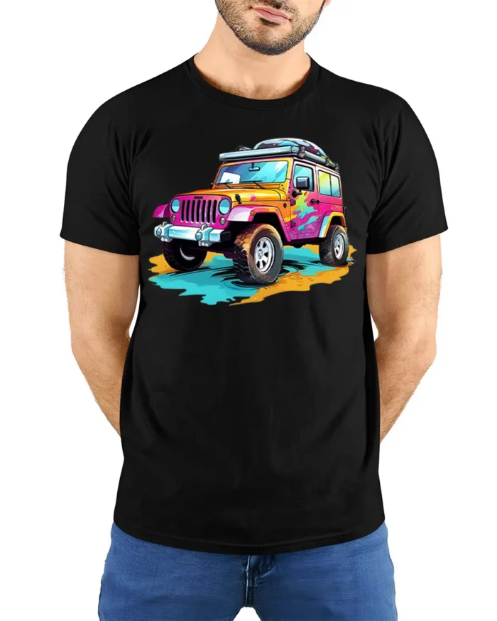 Colorful Off-Road Jeep T-Shirt Adventure Graphic Tee - model wearing black shirt, hands behind back