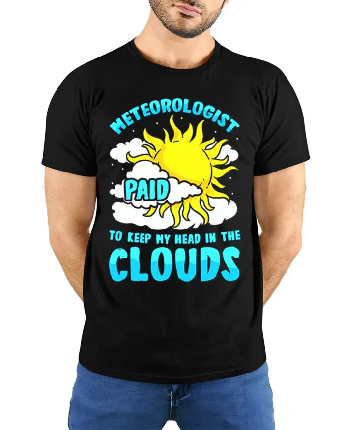 Funny Meteorologist T-Shirt Head in the Clouds Tee - model wearing black shirt, hands behind back
