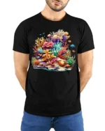 Colorful Coral Reef T-Shirt Ocean Life Graphic Tee - model wearing black shirt, hands behind back