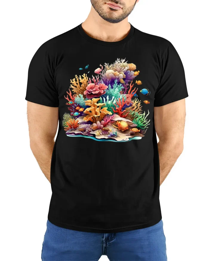 Colorful Coral Reef T-Shirt Ocean Life Graphic Tee - model wearing black shirt, hands behind back