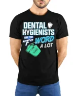 Funny Dental Hygienist T-Shirt Floss Joke Graphic Tee - model wearing black shirt, hands behind back