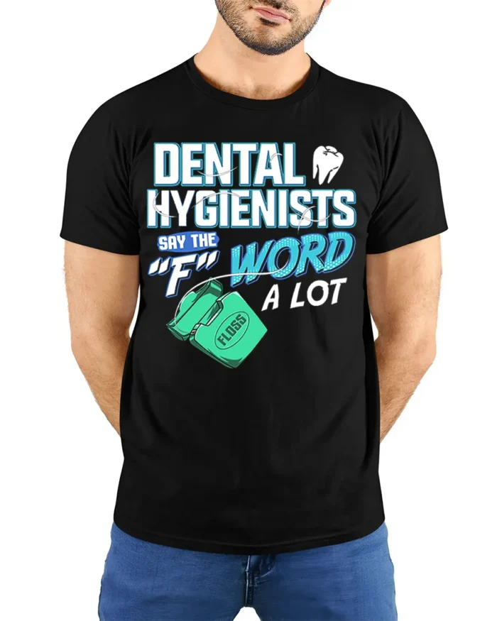 Funny Dental Hygienist T-Shirt Floss Joke Graphic Tee - model wearing black shirt, hands behind back