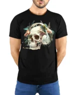 Floral Skull with Headphones T-Shirt Gothic Music Tee - model wearing black shirt, hands behind back
