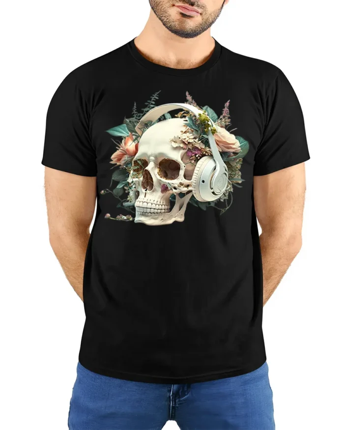 Floral Skull with Headphones T-Shirt Gothic Music Tee - model wearing black shirt, hands behind back