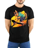 Cool Dog Skateboarding T-Shirt Funny Streetwear Tee - model wearing black shirt, hands behind back