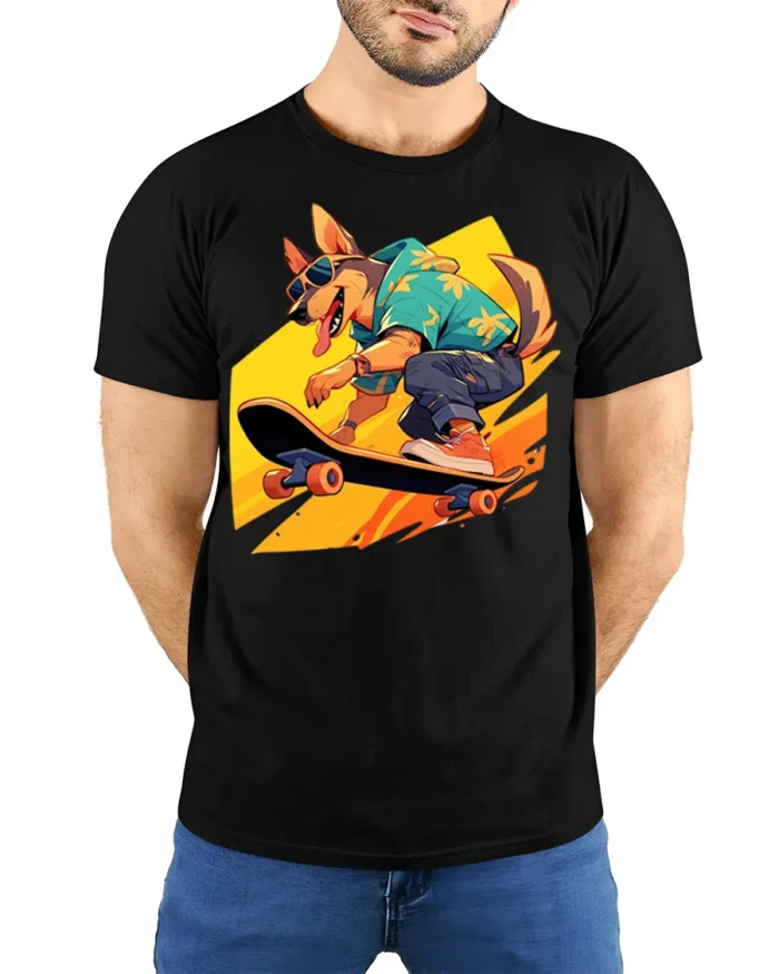 Cool Dog Skateboarding T-Shirt Funny Streetwear Tee - model wearing black shirt, hands behind back