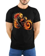Flaming Skeleton Motorcycle T-Shirt Biker Rider Tee - model wearing black shirt, hands behind back
