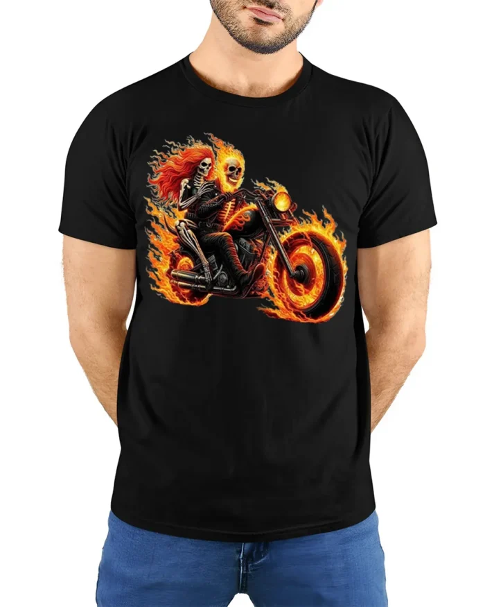 Flaming Skeleton Motorcycle T-Shirt Biker Rider Tee - model wearing black shirt, hands behind back
