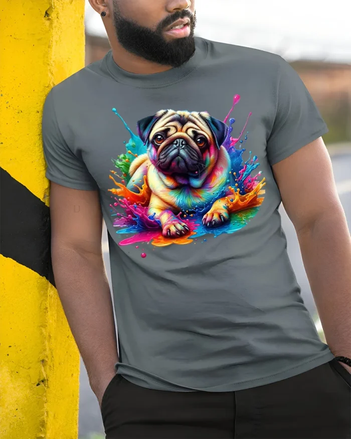 Color Splash Pug T-Shirt Cute Dog Graphic Tee for Pet Lovers - model in grey shirt leaning against column