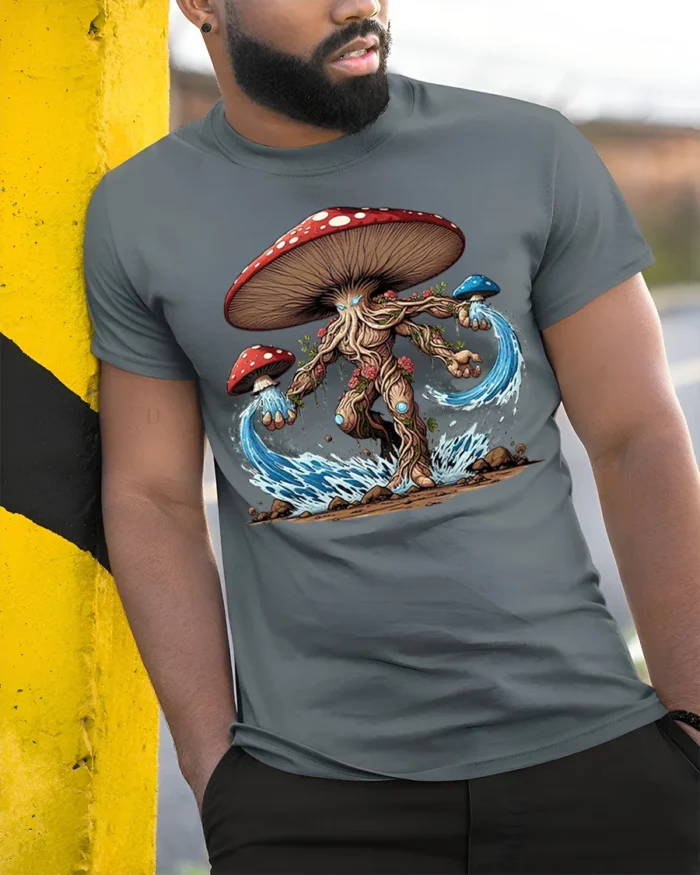 Mystic Mushroom Elemental T-Shirt Fantasy Nature Tee - model in grey shirt leaning against column