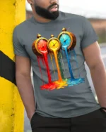 Melting Clocks T-Shirt Colorful Surreal Art Tee - model in grey shirt leaning against column