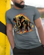Fiery Mammoth T-Shirt Tribal Flame Elephant Graphic Tee - model in grey shirt leaning against column