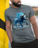 Ice Bull T-Shirt Frost Beast Graphic Tee for Bold Style - model in grey shirt leaning against column