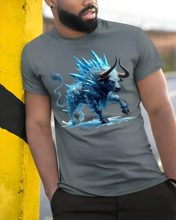 Ice Bull T-Shirt Frost Beast Graphic Tee for Bold Style - model in grey shirt leaning against column