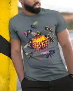 Neon Honeycomb Bee T-Shirt Vibrant Dripping Hive Tee - model in grey shirt leaning against column