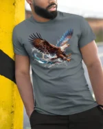 Flying Bald Eagle T-Shirt Majestic Water Splash Graphic - model in grey shirt leaning against column