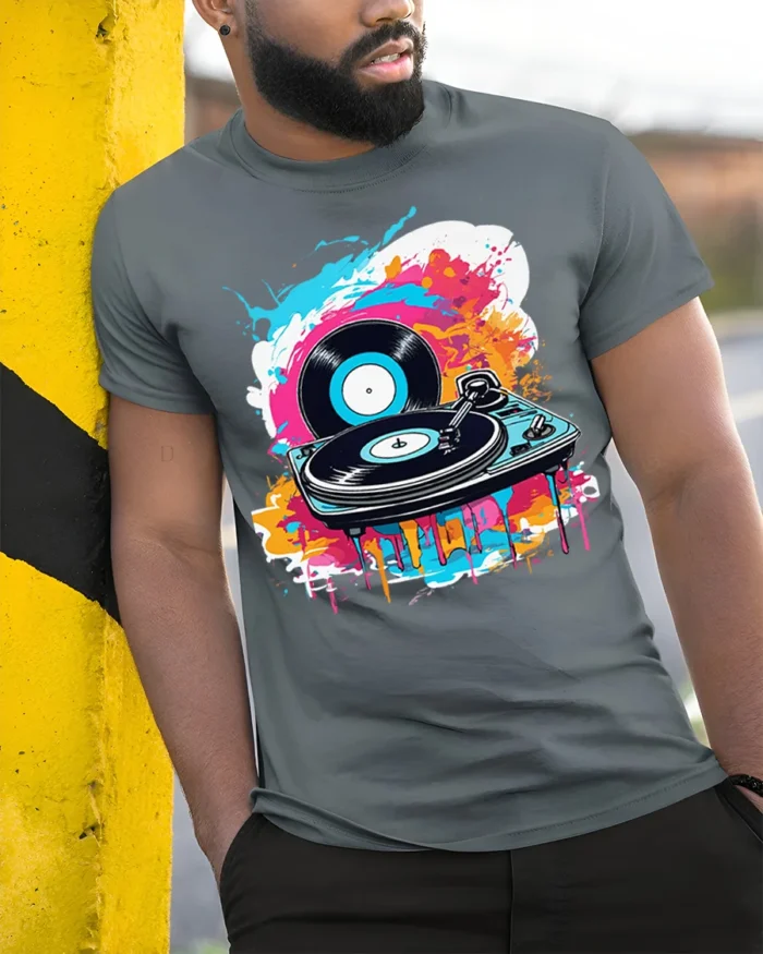 Vinyl Record Turntable T-Shirt Color Splash DJ Design - model in grey shirt leaning against column