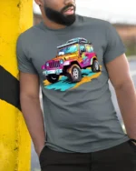 Colorful Off-Road Jeep T-Shirt Adventure Graphic Tee - model in grey shirt leaning against column