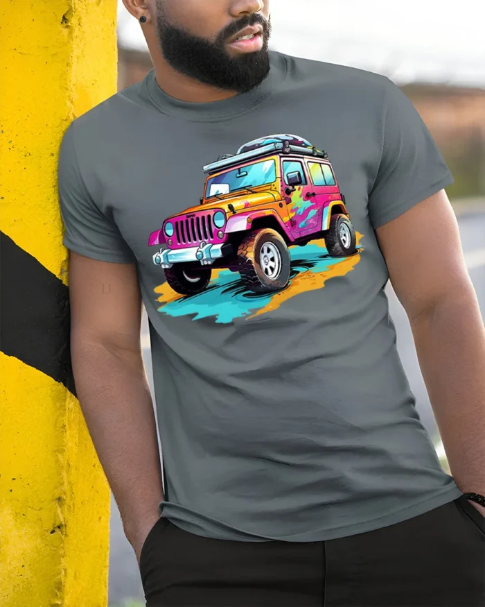 Colorful Off-Road Jeep T-Shirt Adventure Graphic Tee - model in grey shirt leaning against column