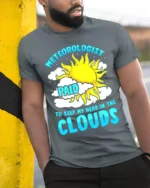 Funny Meteorologist T-Shirt Head in the Clouds Tee - model in grey shirt leaning against column