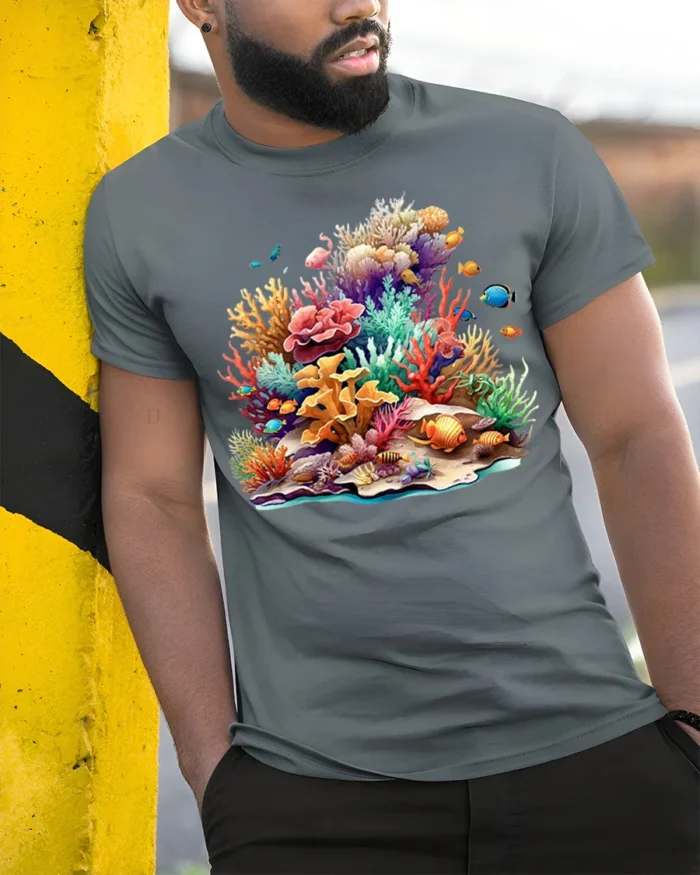 Colorful Coral Reef T-Shirt Ocean Life Graphic Tee - model in grey shirt leaning against column