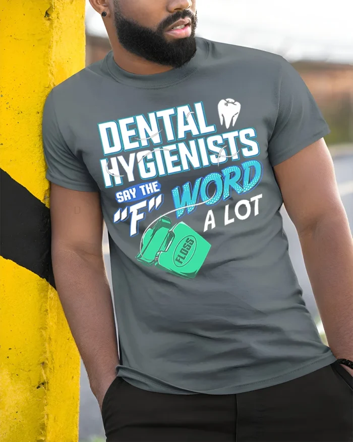Funny Dental Hygienist T-Shirt Floss Joke Graphic Tee - model in grey shirt leaning against column