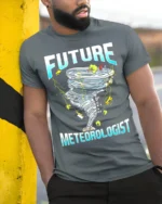 Future Meteorologist T-Shirt Tornado Storm Chaser Tee - model in grey shirt leaning against column
