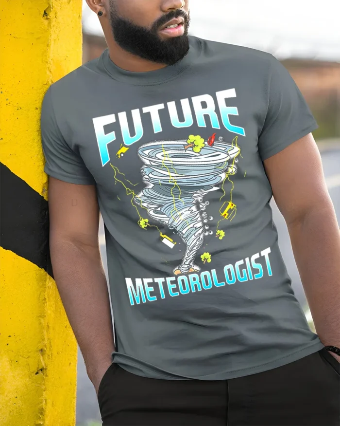 Future Meteorologist T-Shirt Tornado Storm Chaser Tee - model in grey shirt leaning against column