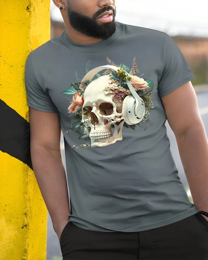 Floral Skull with Headphones T-Shirt Gothic Music Tee - model in grey shirt leaning against column