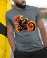 Flaming Skeleton Motorcycle T-Shirt Biker Rider Tee - model in grey shirt leaning against column