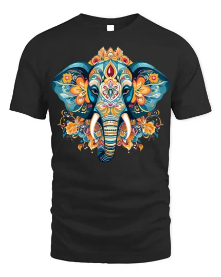 Boho Elephant Mandala Art T-Shirt Soft Cotton Tee for Men - black t-shirt on white background