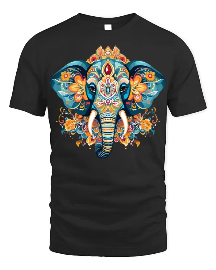 Boho Elephant Mandala Art T-Shirt Soft Cotton Tee for Men - black t-shirt on white background