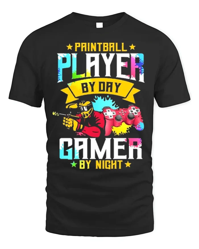 Paintball Player Gamer T-Shirt Day Night Dual Action Tee - black t-shirt on white background