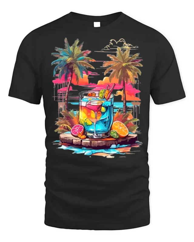 Tropical Sunset Cocktail T-Shirt Summer Beach Vibe Tee - black t-shirt on white background